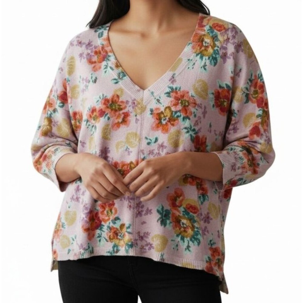 Sundance Floral Johanna V-Neck Sweater Large Petite PL Pink 3/4 Sleeve Boxy